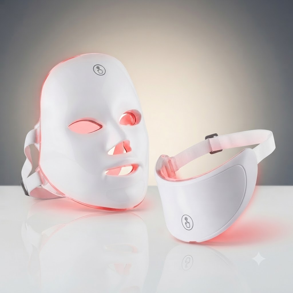 Masque LED LUNA.7 visage et cou avec luminothérapie rouge sur fond clair