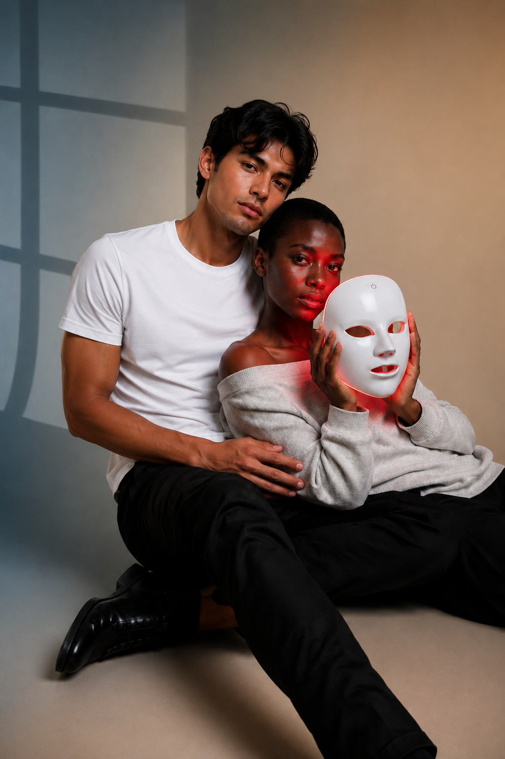 Couple avec le masque LED LUNA.7 dans une ambiance intime