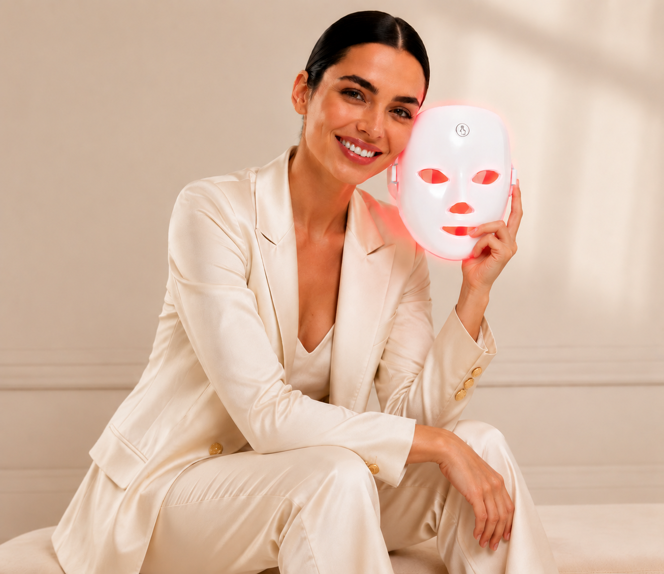 Modèle élégant présentant le masque LED LUNA.7