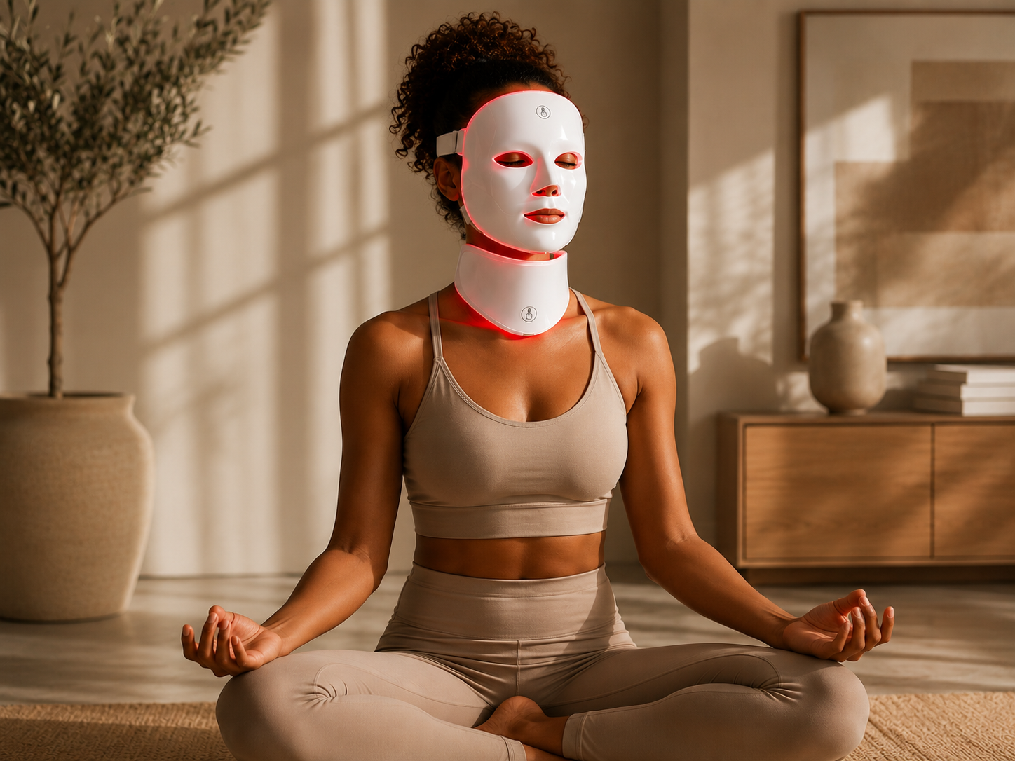 Femme en méditation avec le masque LED LUNA.7 visage et cou
