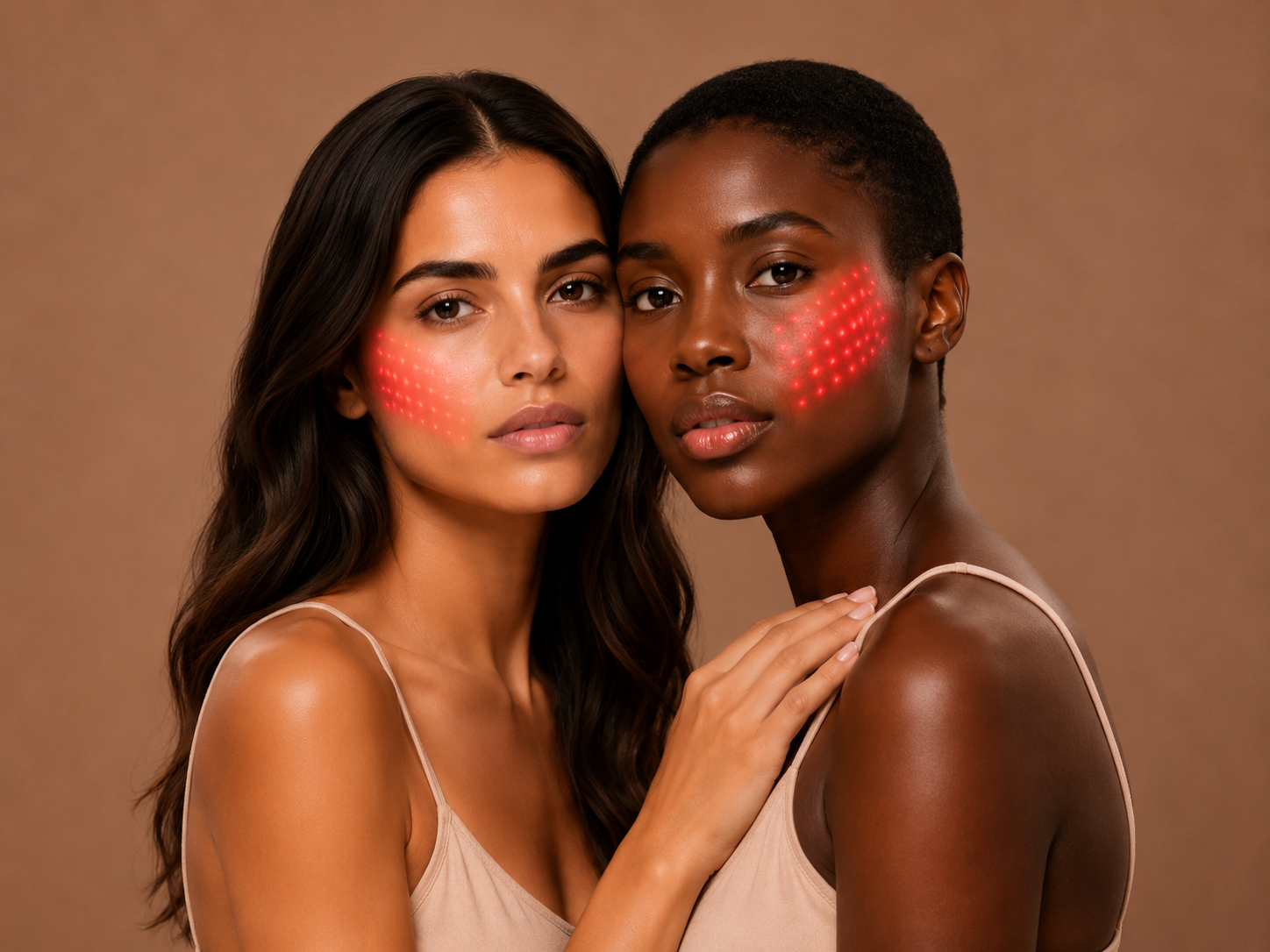 Deux femmes présentant la luminothérapie LED rouge sur le visage