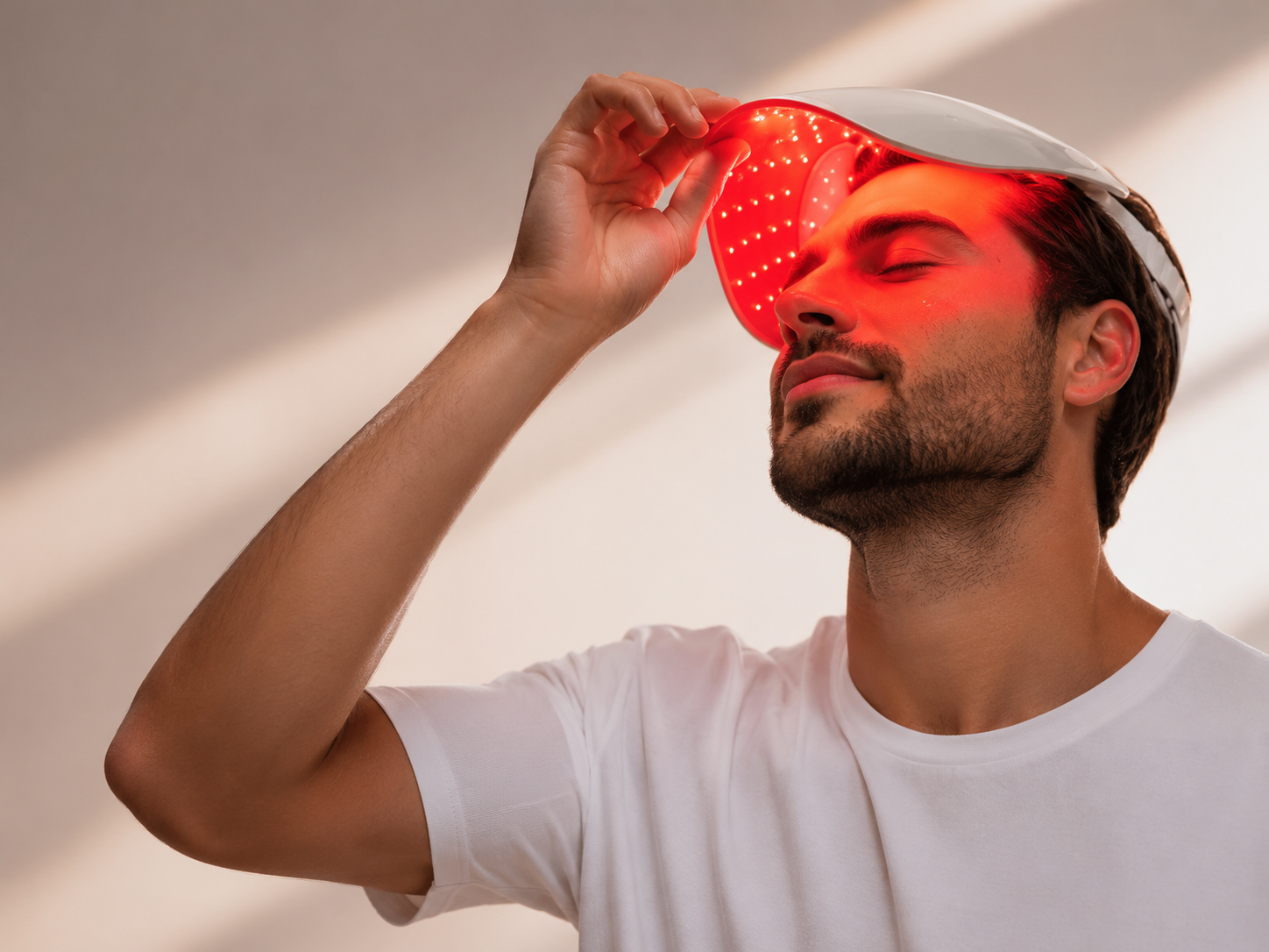 Homme ajustant le masque LED LUNA.7 en luminothérapie blanche